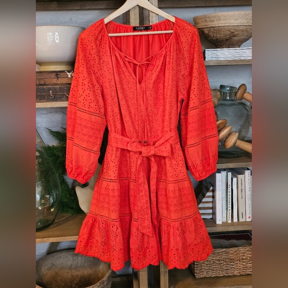 Lauren Ralph Lauren Dresses & Skirts - Lauren Ralph Lauren Red Eyelet Mini Dress Broderie Anglaise Belted Sz 10